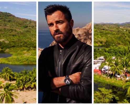 collage, fotos, hombre, Jfoto de Justin Theroux, palmeras, vegetación